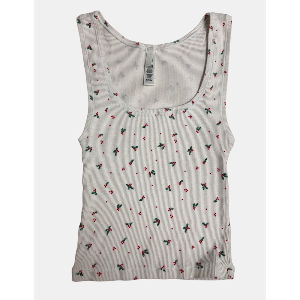 SKIMS Tank Top Womens Small White Red Green Holly Print Holiday Ribbed Festive